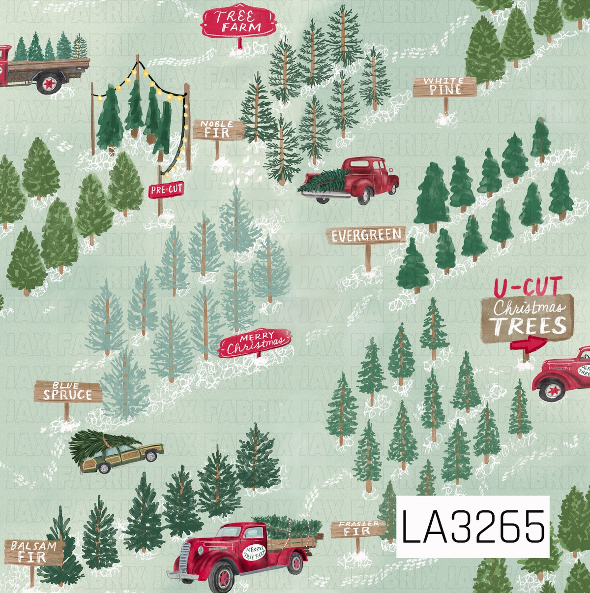 A whimsical Christmas tree farm pattern featuring clusters of hand-painted evergreen trees in a variety of shapes and green tones. Vintage red trucks and a station wagon carry freshly cut trees, while rustic signs label different tree varieties like Balsam Fir, Blue Spruce, Noble Fir, and Fraser Fir, all set against a soft sage green background.
