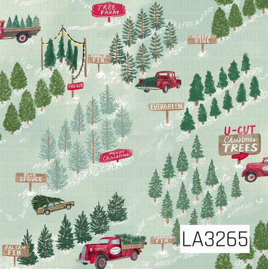 A whimsical Christmas tree farm pattern featuring clusters of hand-painted evergreen trees in a variety of shapes and green tones. Vintage red trucks and a station wagon carry freshly cut trees, while rustic signs label different tree varieties like Balsam Fir, Blue Spruce, Noble Fir, and Fraser Fir, all set against a soft sage green background.
