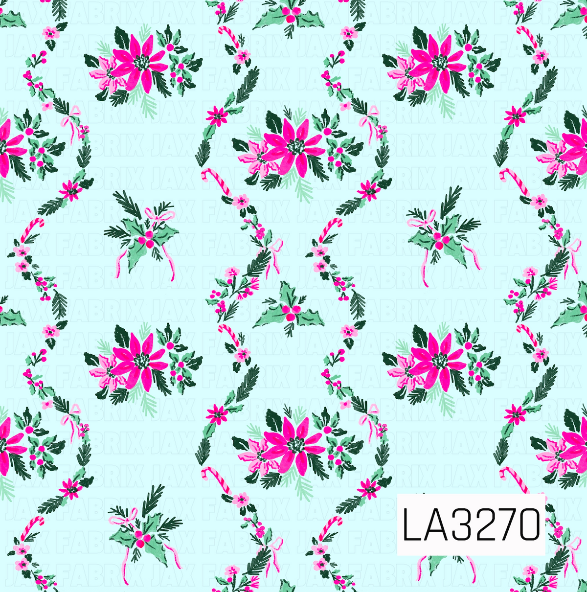 A festive floral Christmas pattern featuring bright pink poinsettias, holly leaves and berries, evergreen sprigs, candy canes, tiny flowers, and delicate pink bows. The greenery and vivid pink accents pop against a soft icy blue background.
