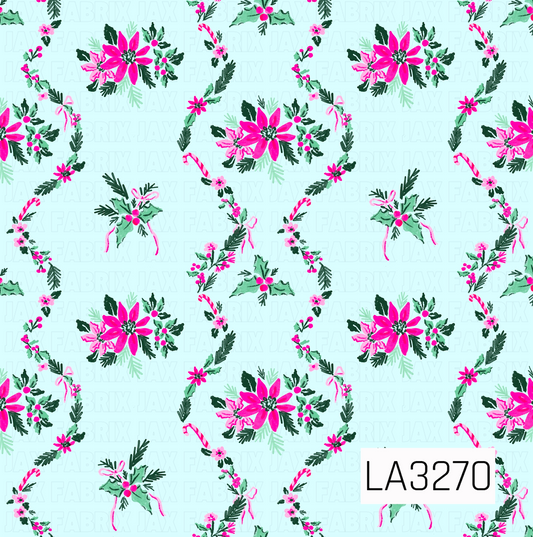 A festive floral Christmas pattern featuring bright pink poinsettias, holly leaves and berries, evergreen sprigs, candy canes, tiny flowers, and delicate pink bows. The greenery and vivid pink accents pop against a soft icy blue background.
