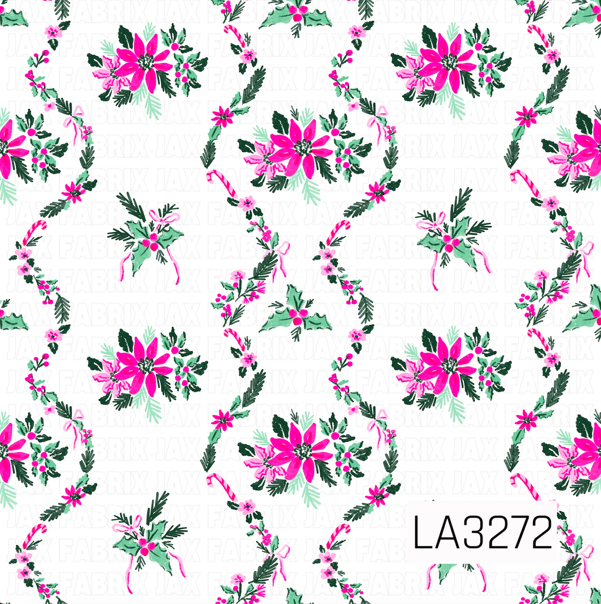 A festive Christmas floral pattern featuring bright pink poinsettias, holly leaves and berries, evergreen sprigs, candy canes, tiny flowers, and delicate pink bows. The vibrant pink and green details stand out against a crisp white background.
