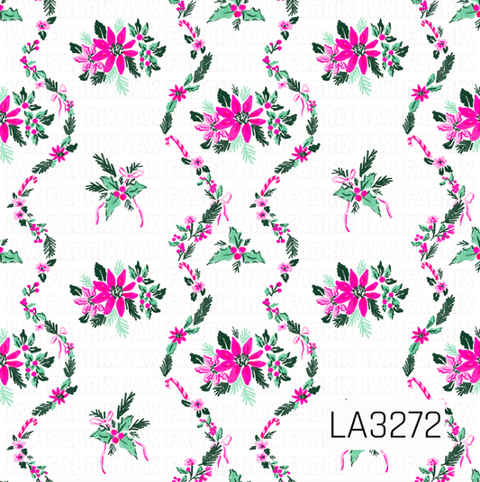 A festive Christmas floral pattern featuring bright pink poinsettias, holly leaves and berries, evergreen sprigs, candy canes, tiny flowers, and delicate pink bows. The vibrant pink and green details stand out against a crisp white background.
