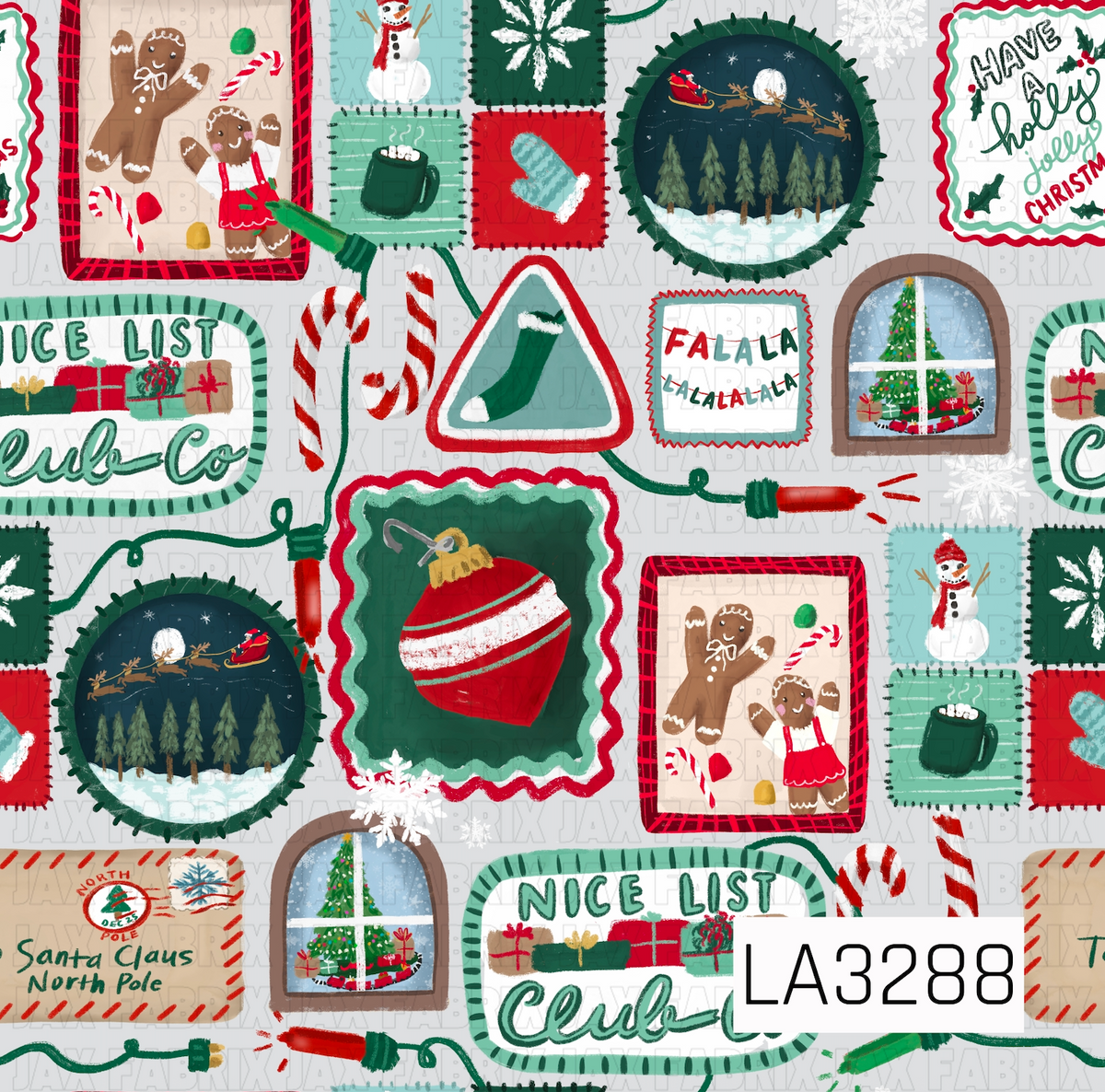 A whimsical Christmas collage pattern filled with hand-painted holiday scenes and icons, including gingerbread cookies, candy canes, stockings, snowmen, snowflakes, ornaments, Christmas trees, presents, and Santa’s sleigh. Playful “Nice List Club,” “Fa La La,” and holiday lettering are mixed throughout in classic reds and greens with soft aqua, navy, and neutral accents.
