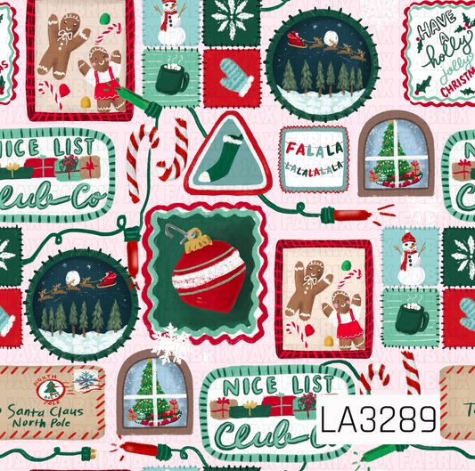 A whimsical hand-painted Christmas collage filled with gingerbread cookies, candy canes, stockings, snowmen, snowflakes, ornaments, Christmas trees, presents, Santa’s sleigh, and festive holiday signs. Classic reds and greens are mixed with mint, aqua, navy, and warm neutrals against a soft blush pink background.
