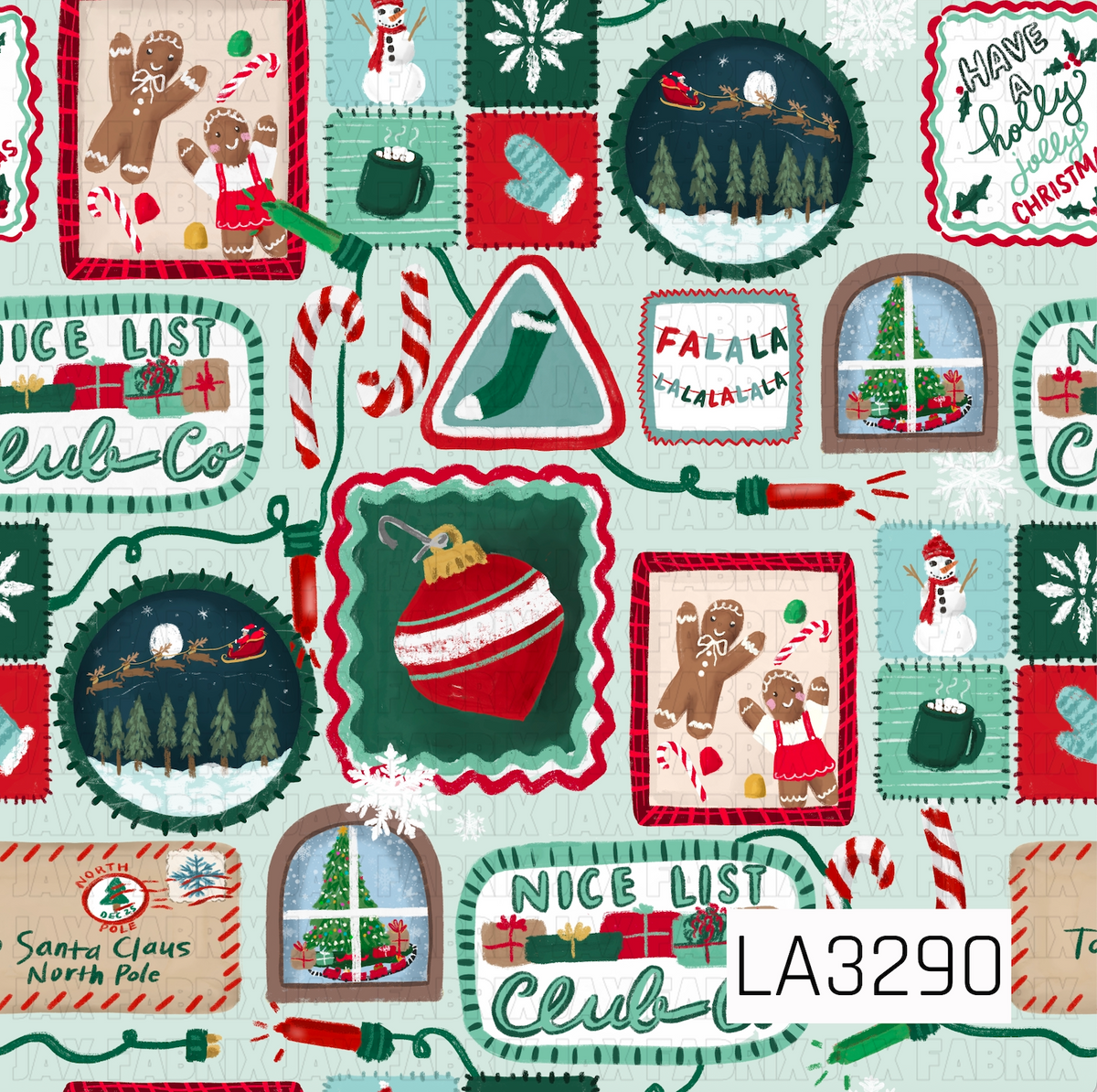 A whimsical Christmas collage pattern filled with hand-painted holiday scenes including gingerbread cookies, candy canes, stockings, snowmen, snowflakes, ornaments, Christmas trees, presents, and Santa’s sleigh. Playful holiday signs and lettering are scattered throughout in classic red and green with mint, aqua, navy, and neutral accents on a soft mint background.
