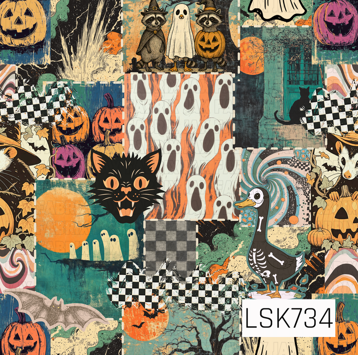 A vintage-inspired Halloween patchwork pattern filled with playful spooky scenes including jack-o’-lanterns, ghosts, black cats, bats, raccoons in costumes, candy, and a skeleton goose. Retro checkerboards, swirling prints, eerie trees, and distressed textures in orange, teal, black, cream, and purple give the design an eclectic, nostalgic Halloween feel.

