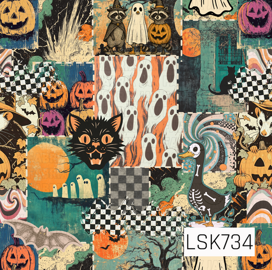 A vintage-inspired Halloween patchwork pattern filled with playful spooky scenes including jack-o’-lanterns, ghosts, black cats, bats, raccoons in costumes, candy, and a skeleton goose. Retro checkerboards, swirling prints, eerie trees, and distressed textures in orange, teal, black, cream, and purple give the design an eclectic, nostalgic Halloween feel.
