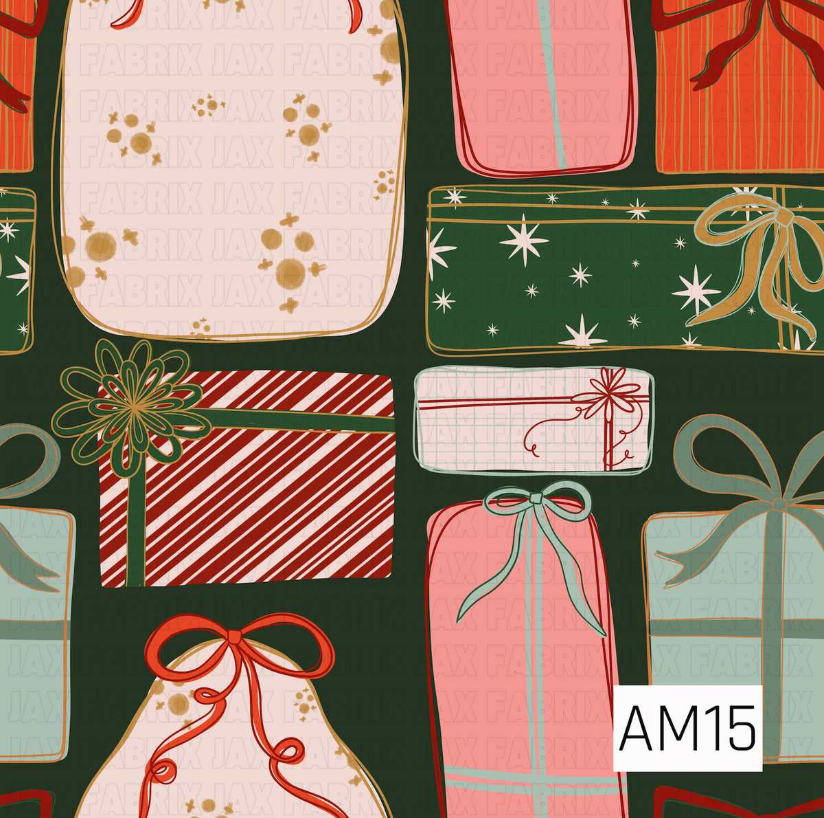 A festive Christmas gift pattern featuring hand-drawn wrapped presents in shades of pink, red, mint, cream, and gold. The presents feature playful details like candy cane stripes, plaid, stars, delicate ribbons, and oversized bows, all scattered across a deep forest green background.
