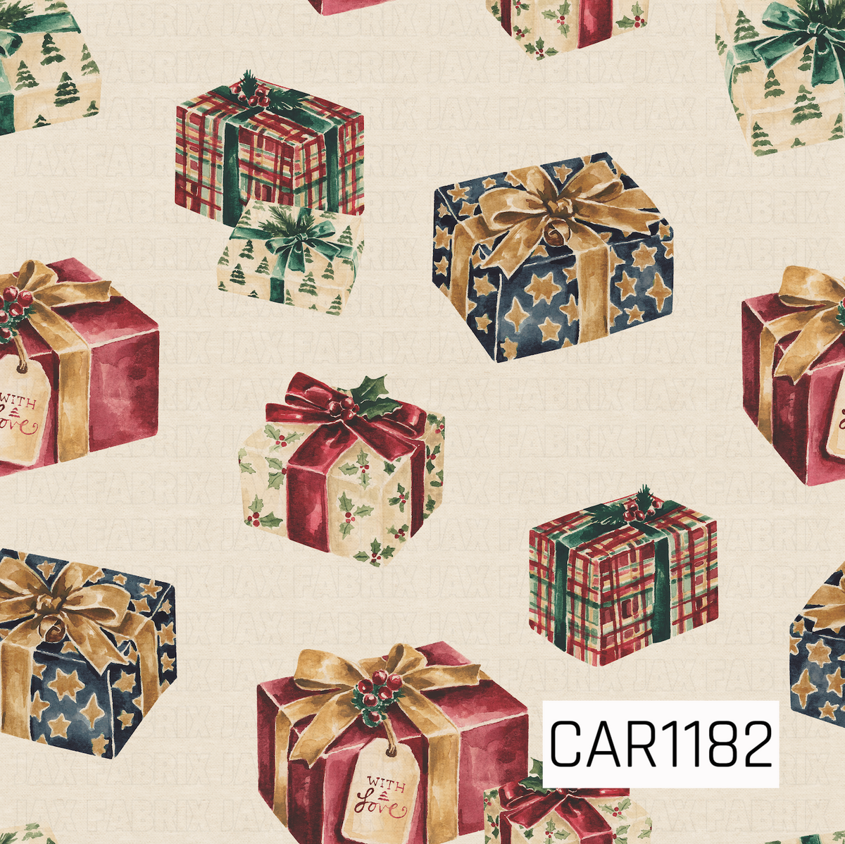 A charming watercolor Christmas pattern featuring an assortment of beautifully wrapped presents on a warm cream background. Gifts are decorated with classic plaid, holly, tiny Christmas trees, stars, rich bows, and festive shades of red, green, navy, and gold.
