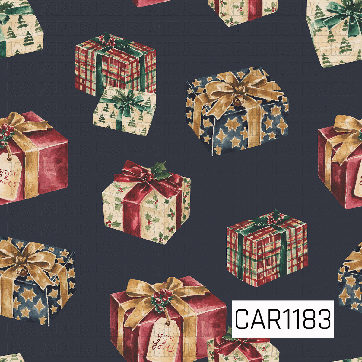A festive watercolor Christmas pattern featuring beautifully wrapped presents scattered across a deep charcoal background. The gifts feature classic plaid, holly, tiny trees, stars, and oversized bows in rich red, forest green, navy, cream, and warm gold tones.
