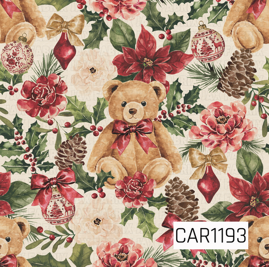 A beautifully detailed vintage Christmas pattern featuring watercolor teddy bears with burgundy bows surrounded by poinsettias, roses, holly, red berries, pinecones, evergreen sprigs, and classic ornaments. Rich reds, warm golds, and deep greens against a soft cream background give it an elegant, nostalgic holiday feel.
