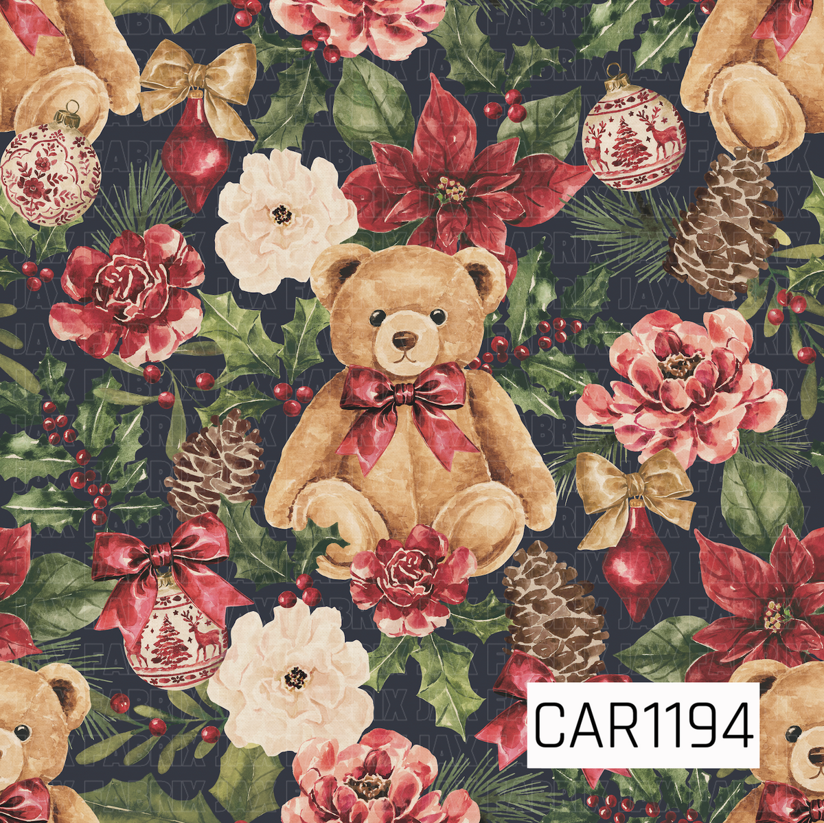 A rich vintage Christmas pattern featuring watercolor teddy bears with burgundy bows surrounded by poinsettias, roses, holly, red berries, pinecones, evergreen sprigs, and elegant ornaments. The deep charcoal background makes the classic reds, greens, creams, and warm golds stand out for a cozy, elegant holiday look.
