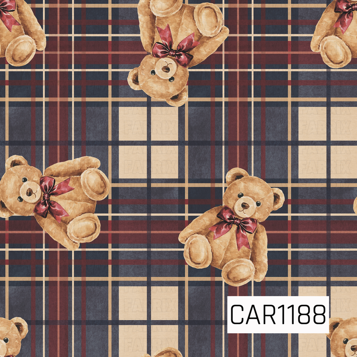 A cozy vintage-inspired pattern featuring watercolor teddy bears with rich burgundy bows scattered over a classic plaid background. The plaid combines deep navy, burgundy, warm cream, and muted charcoal tones for a timeless, preppy holiday feel.
