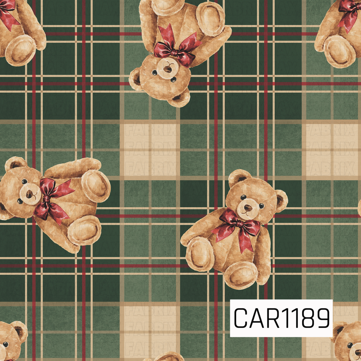 A cozy vintage-inspired pattern featuring watercolor teddy bears with rich burgundy bows scattered across a classic forest green plaid. Warm cream, muted sage, deep green, and red accents give the design a traditional Christmas feel with a sweet nostalgic touch.

