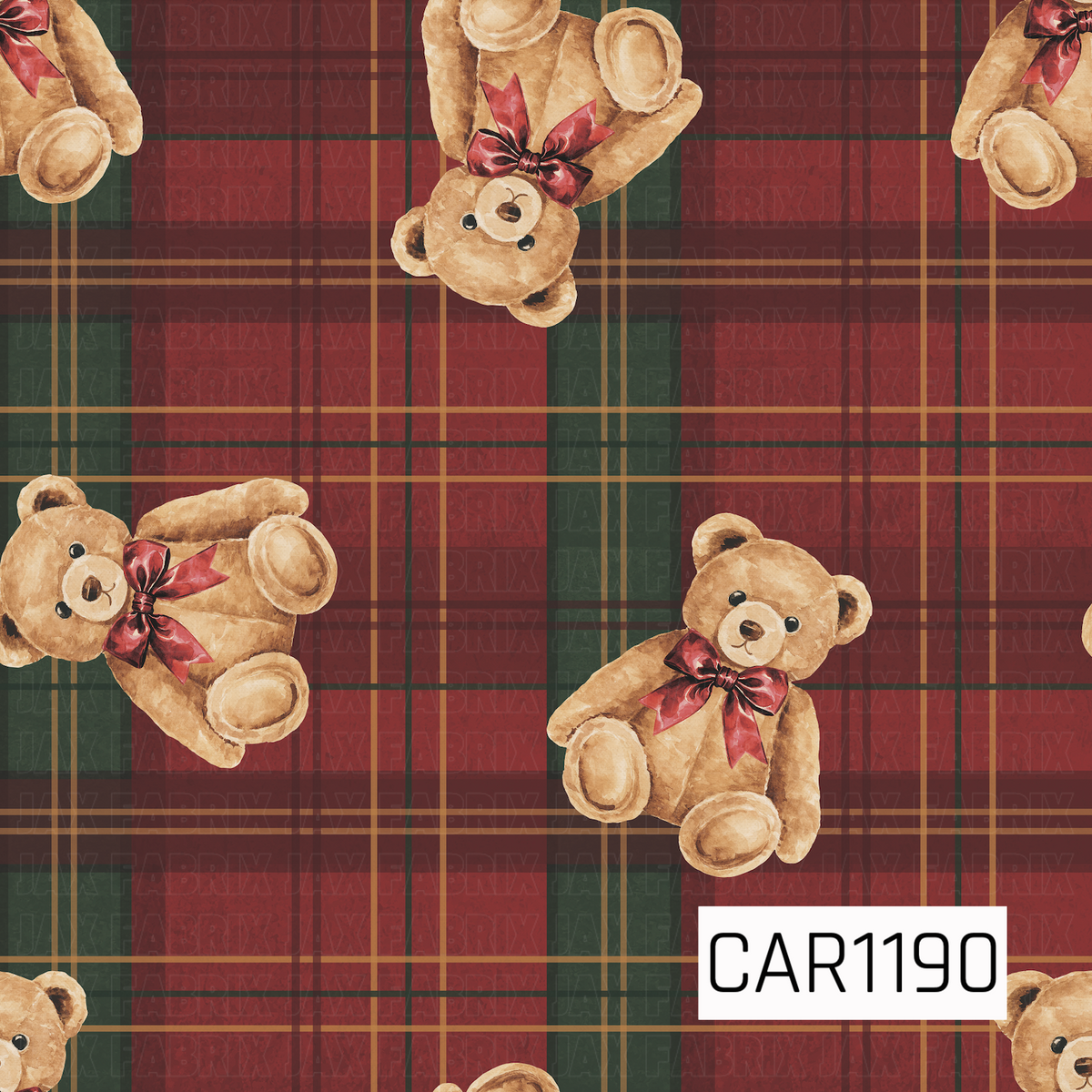 A cozy Christmas pattern featuring watercolor teddy bears wearing rich burgundy bows scattered across a traditional red and forest green plaid. Warm golden accents and deep holiday tones give the design a classic, nostalgic Christmas feel.
