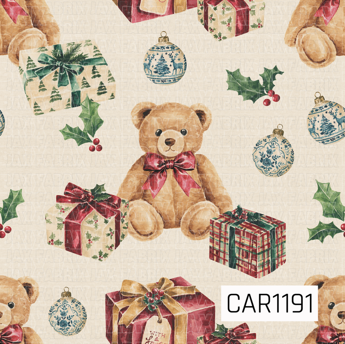 A charming vintage Christmas pattern featuring watercolor teddy bears with burgundy bows, beautifully wrapped presents, sprigs of holly and berries, and delicate blue and cream ornaments. The warm ivory background and traditional red, green, gold, and blue tones give it a cozy, nostalgic holiday feel.
