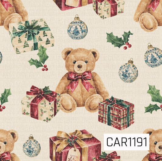 A charming vintage Christmas pattern featuring watercolor teddy bears with burgundy bows, beautifully wrapped presents, sprigs of holly and berries, and delicate blue and cream ornaments. The warm ivory background and traditional red, green, gold, and blue tones give it a cozy, nostalgic holiday feel.
