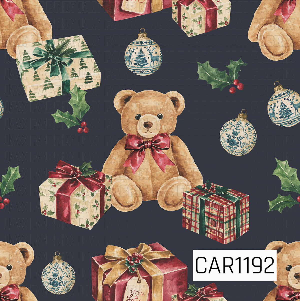 A charming vintage Christmas pattern featuring watercolor teddy bears with burgundy bows, beautifully wrapped presents, holly and berries, and delicate blue and cream ornaments. A deep charcoal background gives the traditional red, green, gold, and blue details a rich, cozy holiday look.
