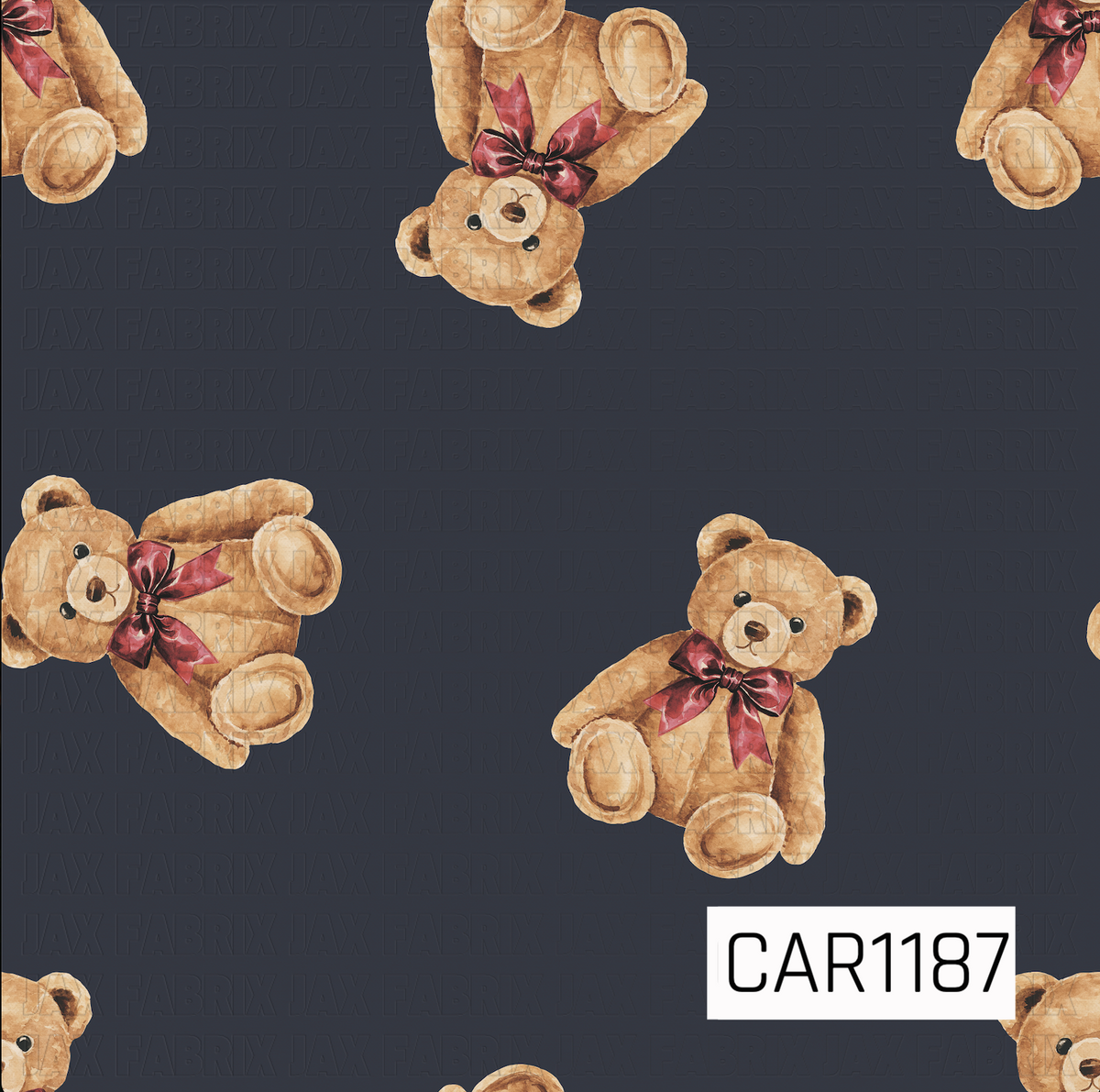 A sweet vintage-inspired pattern featuring watercolor teddy bears wearing rich burgundy bows scattered across a deep charcoal background. The warm golden brown bears and classic red bows create a cozy, nostalgic look with a slightly moody feel.
