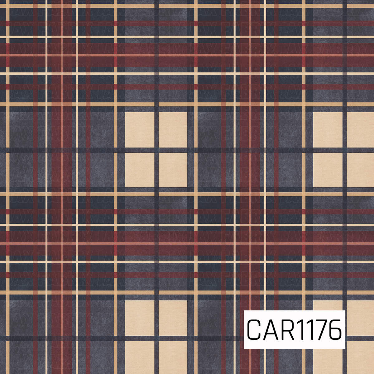 A rich vintage-inspired plaid featuring deep navy, charcoal blue, burgundy red, and warm cream. Layered horizontal and vertical stripes create a classic tartan look with a softly distressed texture for a cozy, timeless feel.
