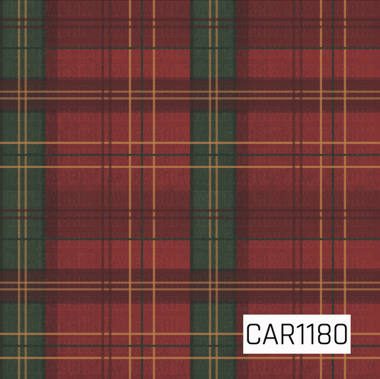 A classic holiday plaid featuring rich cranberry red and deep forest green blocks layered with thin golden tan and dark burgundy lines. A softly textured finish gives the pattern a warm, vintage Christmas feel.
