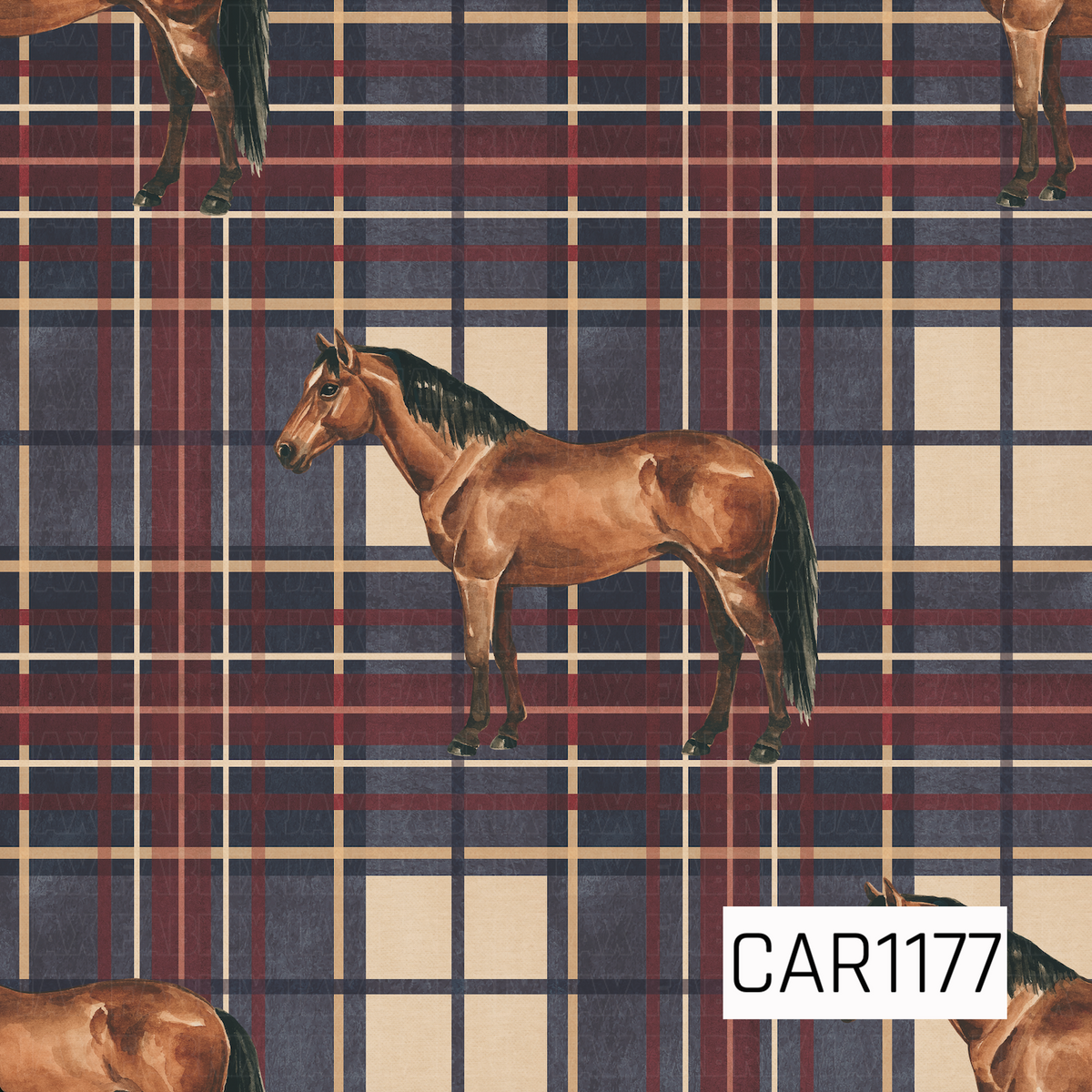A rustic equestrian pattern featuring watercolor-style brown horses layered over a classic plaid background. Deep navy, burgundy, charcoal, and warm cream stripes create a rich, vintage-inspired backdrop for the detailed horses.
