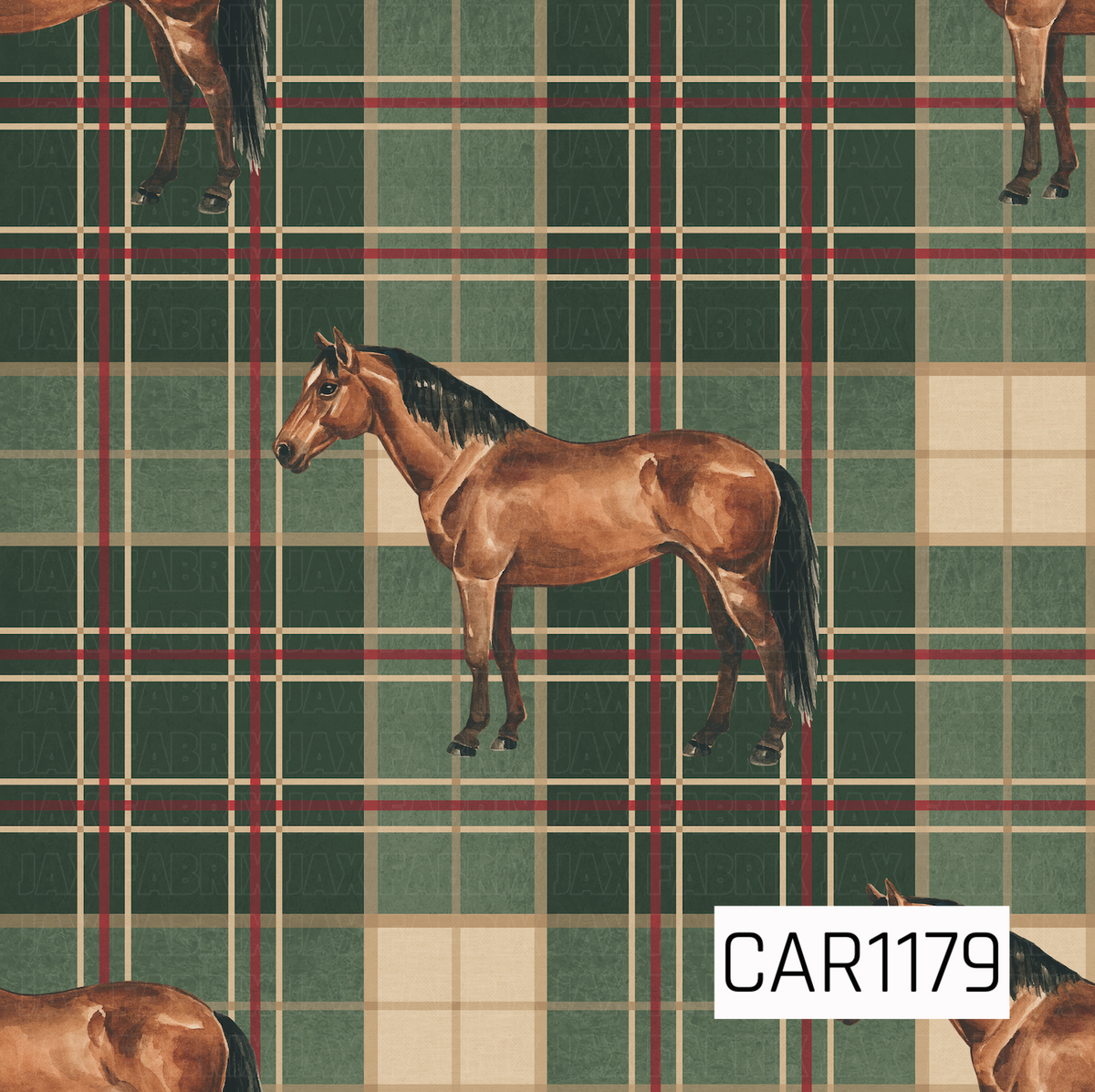 A rustic equestrian pattern featuring watercolor-style brown horses over a classic forest green plaid. Deep green, muted sage, warm cream, tan, and burgundy stripes give the design a cozy, traditional feel.

