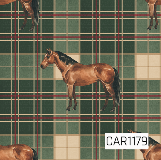 A rustic equestrian pattern featuring watercolor-style brown horses over a classic forest green plaid. Deep green, muted sage, warm cream, tan, and burgundy stripes give the design a cozy, traditional feel.
