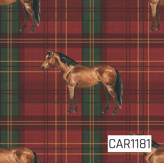 A rustic equestrian pattern featuring watercolor-style brown horses layered over a rich red and forest green plaid. Thin golden tan and deep burgundy lines add dimension, while the textured finish gives the design a warm, classic country feel.
