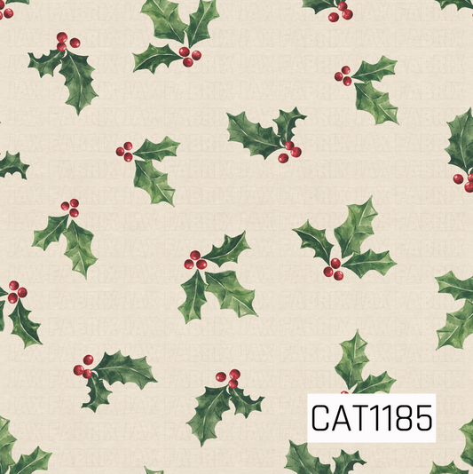 A classic watercolor Christmas pattern featuring scattered sprigs of green holly leaves and bright red berries on a warm, lightly textured cream background. The simple layout gives it a timeless vintage holiday feel.
