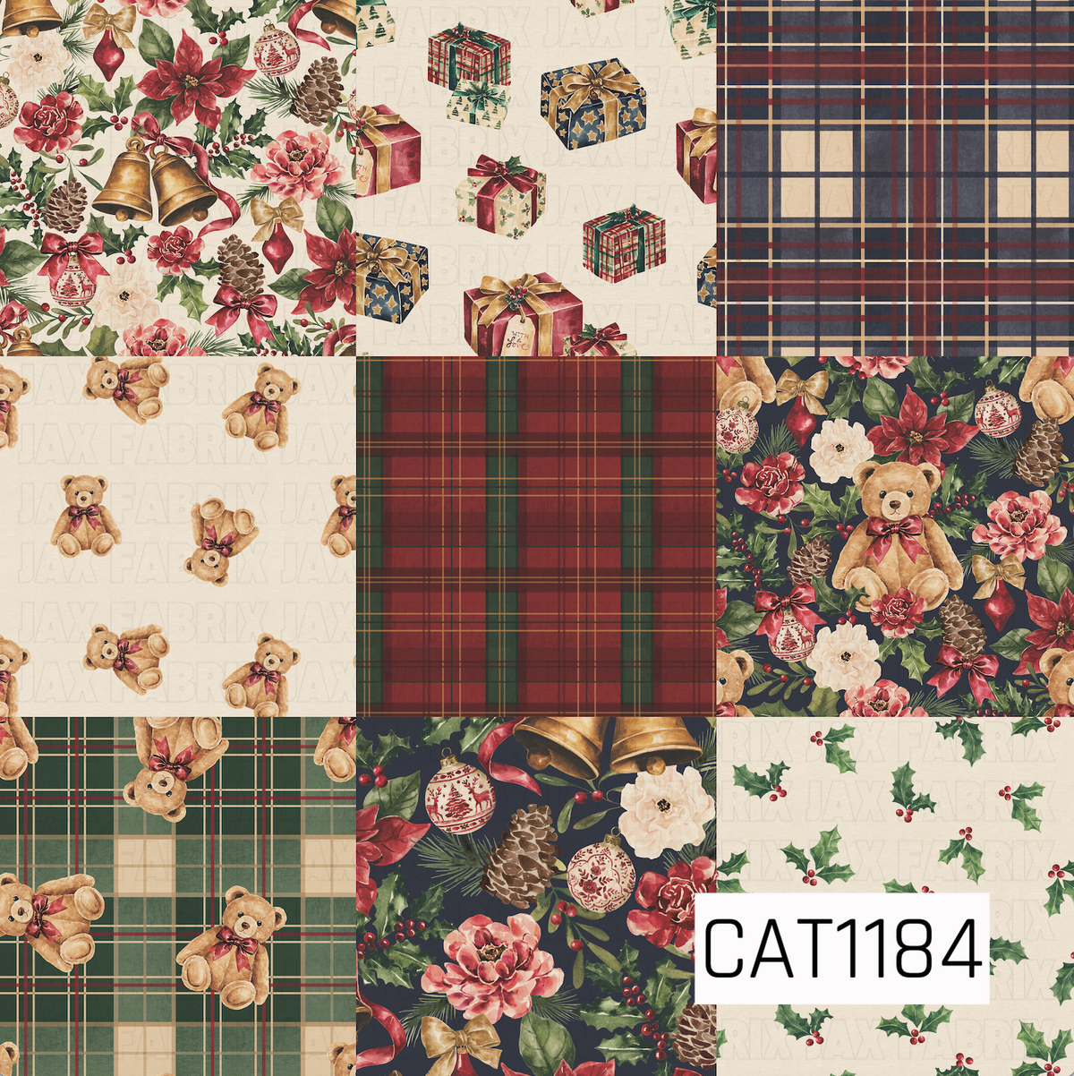 A vintage-inspired Christmas patchwork design filled with cozy holiday charm. Each block features a different coordinating print, including sweet watercolor teddy bears, beautifully wrapped presents, classic tartan plaids, scattered holly, and lush Christmas florals. Poinsettias, roses, golden bells, ornaments, pinecones, berries, and bows bring everything together in a traditional palette of deep red, forest green, navy, cream, and warm gold.
