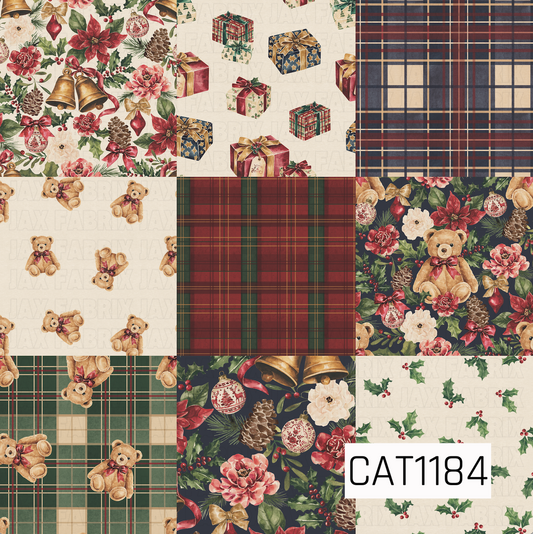 A vintage-inspired Christmas patchwork design filled with cozy holiday charm. Each block features a different coordinating print, including sweet watercolor teddy bears, beautifully wrapped presents, classic tartan plaids, scattered holly, and lush Christmas florals. Poinsettias, roses, golden bells, ornaments, pinecones, berries, and bows bring everything together in a traditional palette of deep red, forest green, navy, cream, and warm gold.
