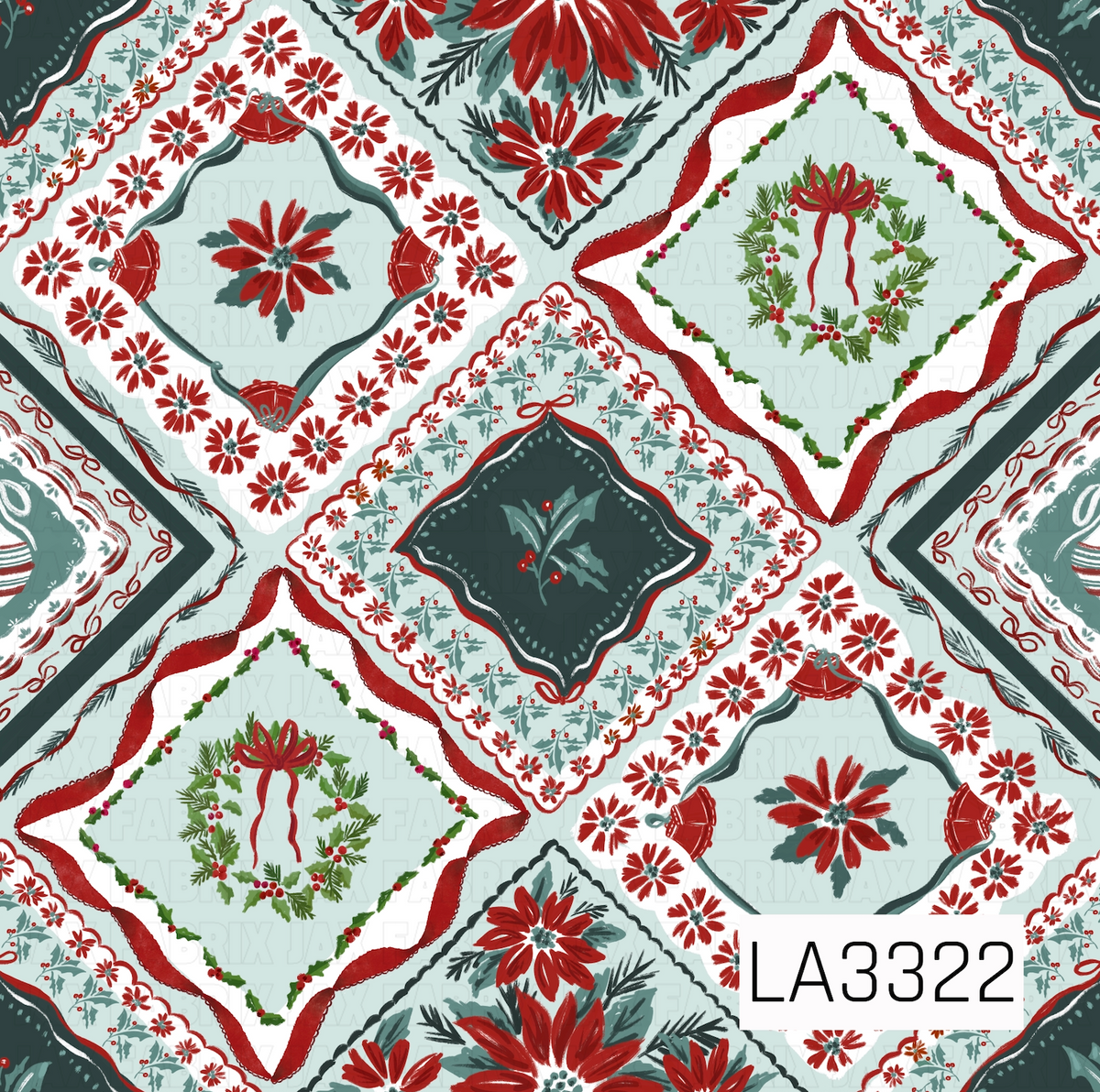 A vintage-inspired Christmas patchwork pattern featuring red poinsettias, holly, wreaths, bells, bows and ornaments arranged in decorative quilt-style squares. Soft icy blue, deep green, red and white create a classic, nostalgic holiday feel.

