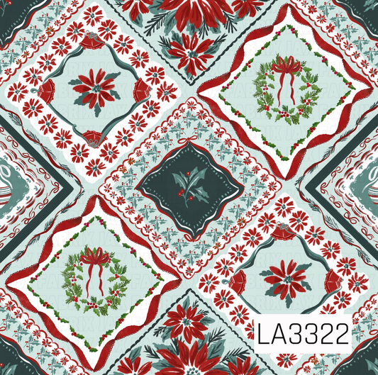 A vintage-inspired Christmas patchwork pattern featuring red poinsettias, holly, wreaths, bells, bows and ornaments arranged in decorative quilt-style squares. Soft icy blue, deep green, red and white create a classic, nostalgic holiday feel.
