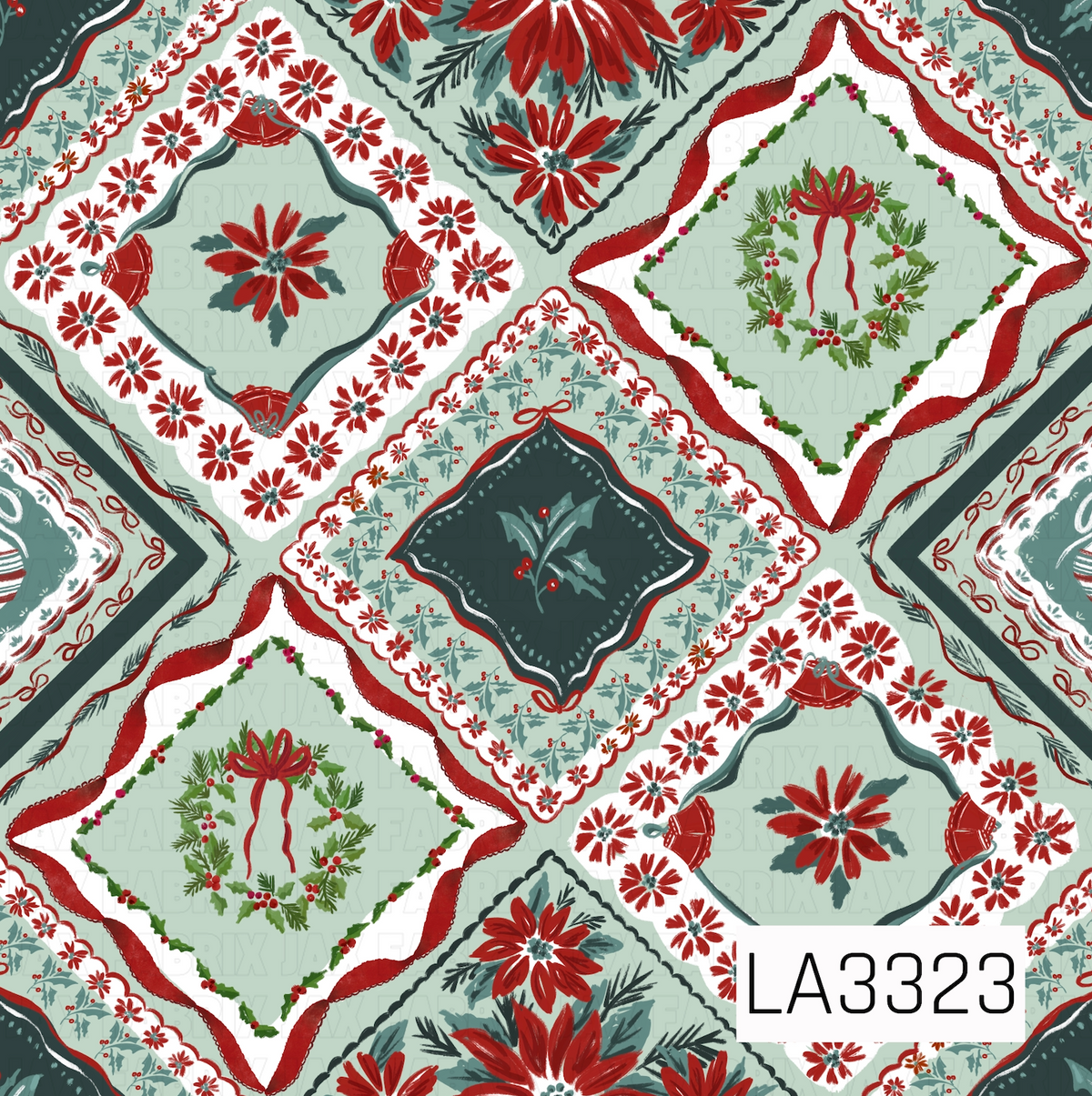 A vintage-inspired Christmas patchwork pattern featuring red poinsettias, holly, berries, wreaths, bells, bows and ornaments arranged in decorative handkerchief-style squares. Soft vintage green, deep evergreen, red and white create a charming nostalgic holiday feel.
