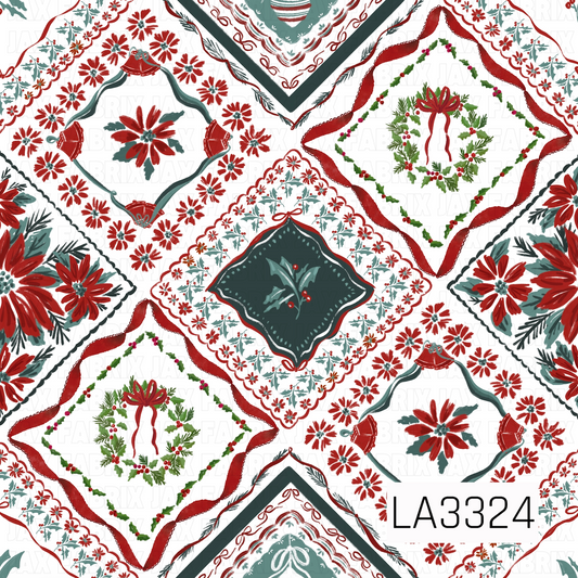 A vintage-inspired Christmas patchwork pattern featuring red poinsettias, holly, wreaths, bells, bows and ornaments arranged in decorative handkerchief-style squares. Deep evergreen, red, soft sage and icy blue accents pop against the crisp white background for a classic nostalgic holiday feel.
