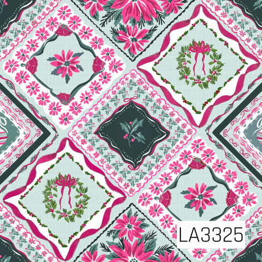 A vintage-inspired Christmas handkerchief pattern featuring bright pink poinsettias, festive wreaths, holly, bells, bows and ornaments arranged in decorative patchwork-style squares. Soft mint, deep evergreen and crisp white pair with vibrant pink accents for a playful, colorful twist on classic holiday florals.
