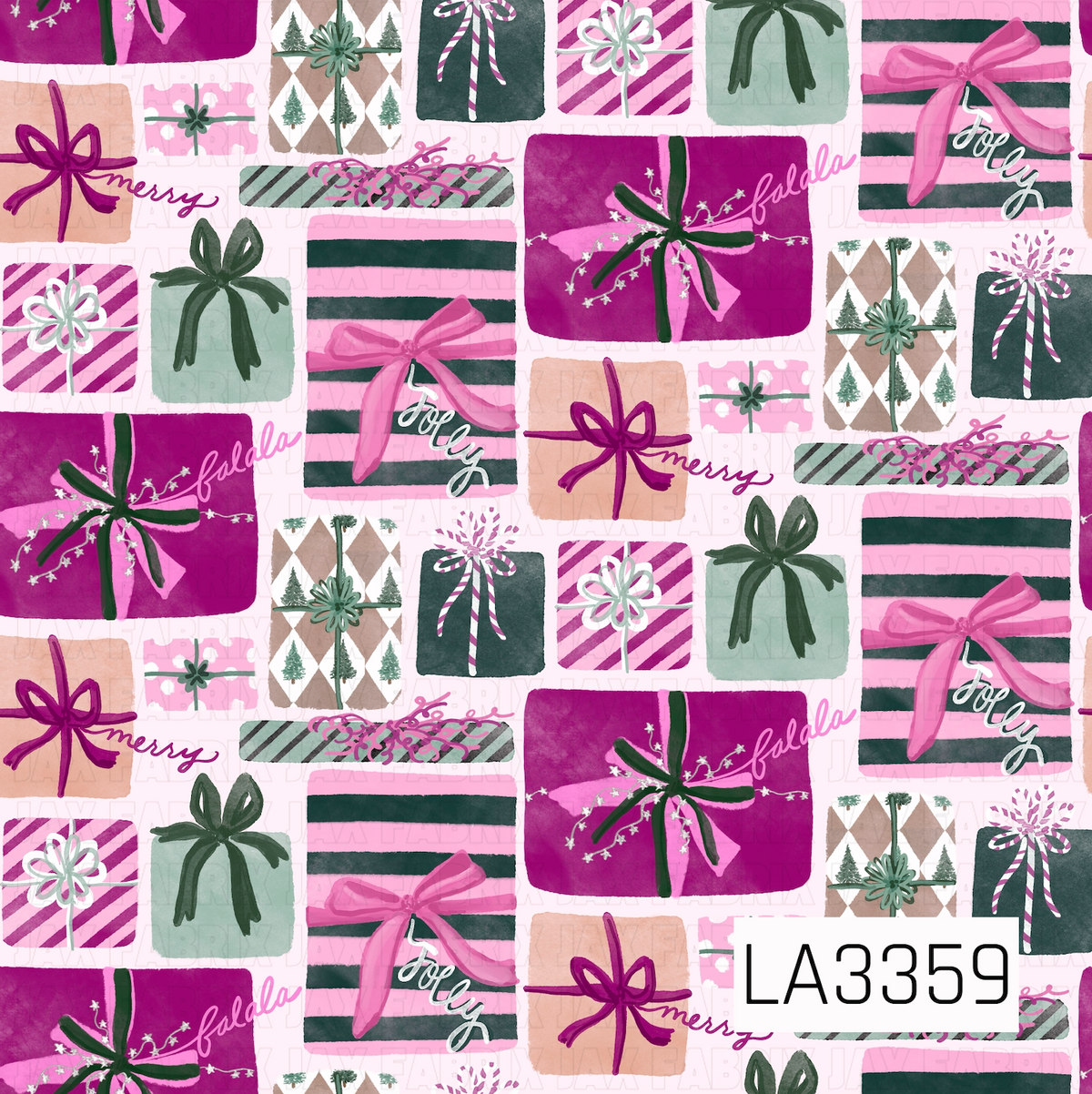 A playful holiday gift pattern featuring hand-painted presents in shades of hot pink, blush, sage green, deep green, and soft tan. The presents are decorated with oversized bows, stripes, argyle, tiny Christmas trees, candy cane details, and festive “fa la la,” “merry,” and “jolly” lettering.
