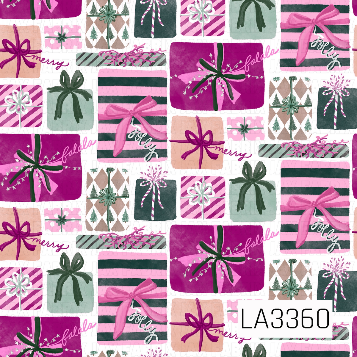 A whimsical Christmas pattern filled with hand-painted presents in shades of pink, magenta, sage green, deep green, and soft tan on a white background. The gifts feature playful stripes, argyle, tiny evergreen trees, candy cane details, oversized bows, and festive “fa la la,” “merry,” and “jolly” lettering.
