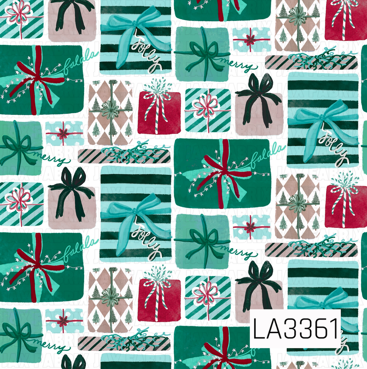 A festive Christmas gift pattern featuring hand-painted presents in shades of teal, aqua, red, deep green, and soft taupe. The gifts feature bold stripes, argyle with tiny evergreen trees, candy cane-inspired details, oversized bows, and playful “fa la la,” “merry,” and “jolly” lettering on a crisp white background.
