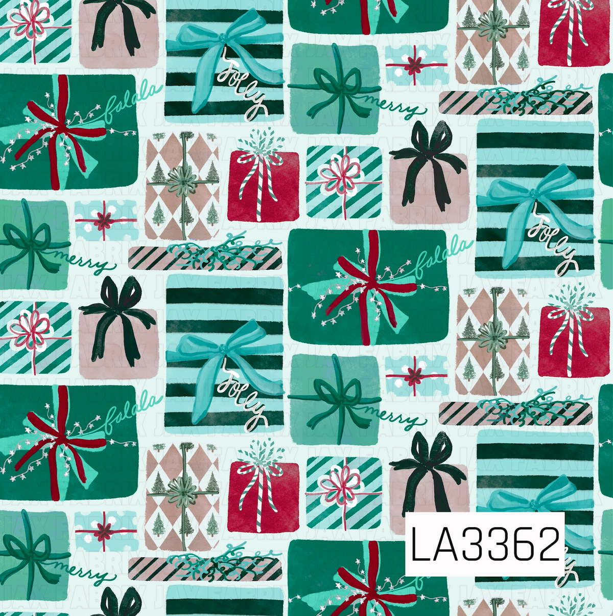 A cheerful Christmas gift pattern featuring hand-painted presents in rich teal, aqua, red, deep green, and soft taupe. The gifts are decorated with oversized bows, bold stripes, argyle patterns, tiny evergreen trees, candy cane details, and playful “fa la la,” “merry,” and “jolly” lettering on a white background.
