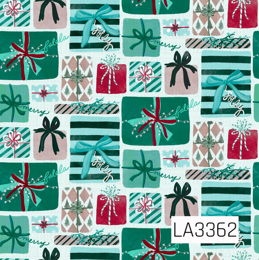 A cheerful Christmas gift pattern featuring hand-painted presents in rich teal, aqua, red, deep green, and soft taupe. The gifts are decorated with oversized bows, bold stripes, argyle patterns, tiny evergreen trees, candy cane details, and playful “fa la la,” “merry,” and “jolly” lettering on a white background.
