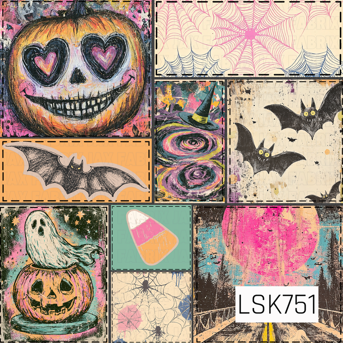A funky Halloween patchwork print featuring grungy pumpkins, playful bats, ghosts, spiderwebs, candy corn, witchy details, and bold abstract textures. Pops of pink, orange, teal, purple, and black give it a fun retro-meets-spooky vibe.
