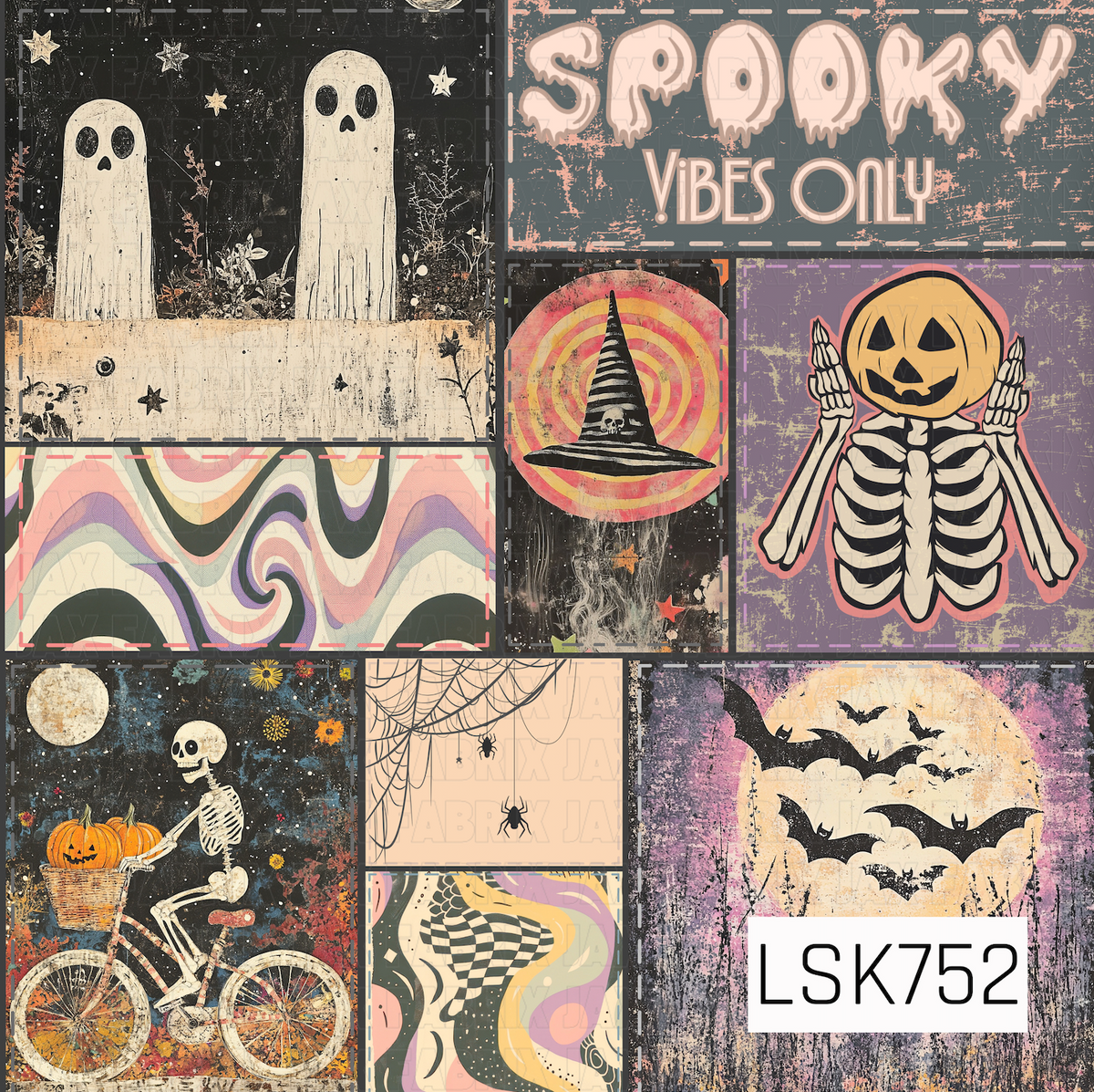 A funky vintage-inspired Halloween patchwork filled with spooky details and bold retro flair. Features eerie ghosts, a pumpkin-headed skeleton, bats flying across a full moon, a skeleton riding a bicycle with pumpkins, witchy accents, spiderwebs, spiders, and playful “Spooky Vibes Only” lettering. Groovy swirls and abstract patterns mix with distressed, grungy textures throughout, while muted shades of pink, peach, purple, orange, cream, and black give the design a perfectly worn-in retro Halloween look.
