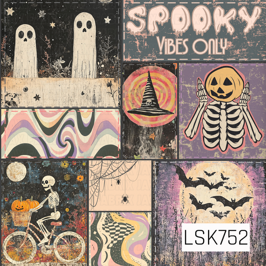 A funky vintage-inspired Halloween patchwork filled with spooky details and bold retro flair. Features eerie ghosts, a pumpkin-headed skeleton, bats flying across a full moon, a skeleton riding a bicycle with pumpkins, witchy accents, spiderwebs, spiders, and playful “Spooky Vibes Only” lettering. Groovy swirls and abstract patterns mix with distressed, grungy textures throughout, while muted shades of pink, peach, purple, orange, cream, and black give the design a perfectly worn-in retro Halloween look.

