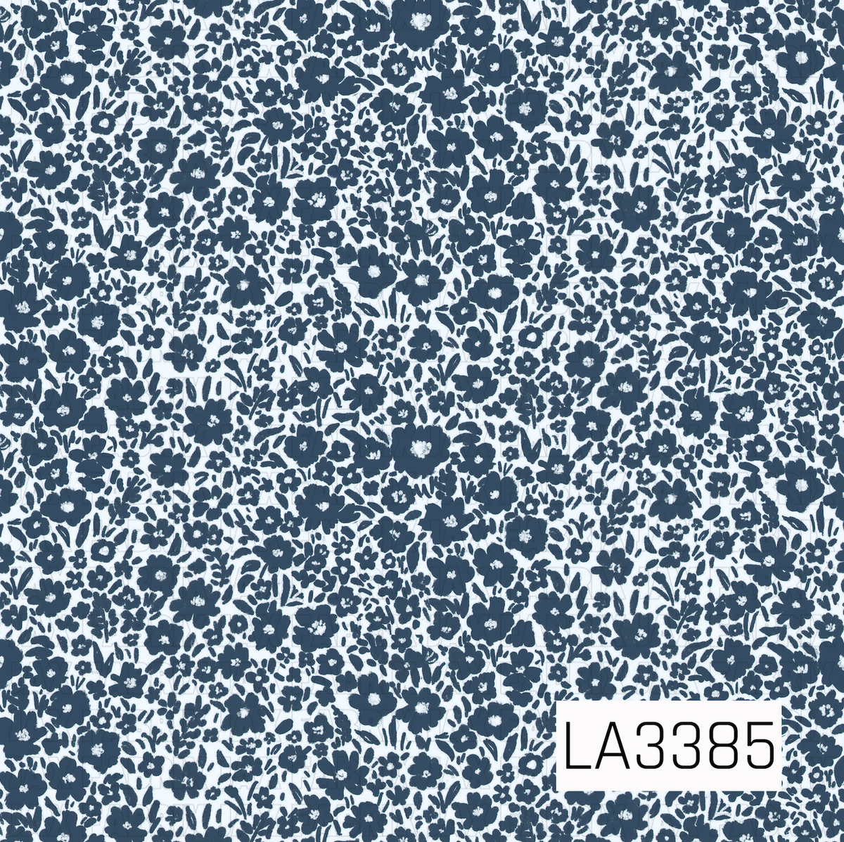 A charming, densely packed floral pattern featuring an assortment of navy blue flowers in varying sizes against a soft, pale blue background. Delicate blossoms, tiny floral clusters, scattered leaves, and leafy sprigs create a beautiful allover design with a vintage-inspired, hand-painted feel.