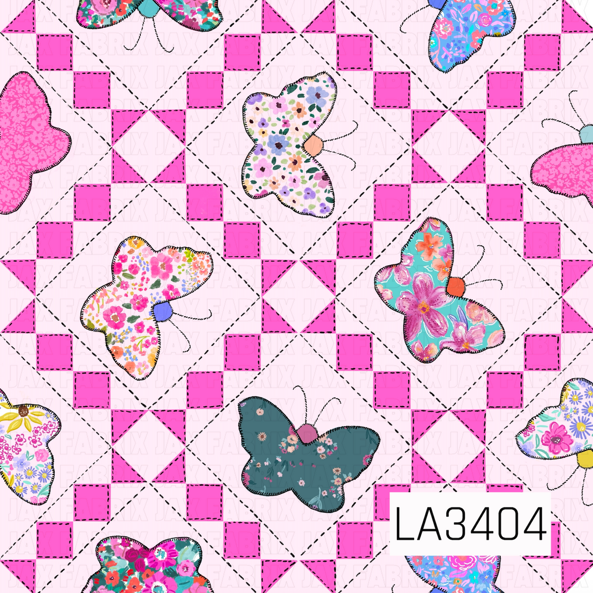 A playful patchwork-inspired design featuring vibrant hot pink geometric quilt blocks outlined with black dashed stitching. Colorful butterflies filled with a variety of bright floral patterns flutter across a soft blush pink background, creating a whimsical mix of bold colors, dainty florals, and quilted charm.