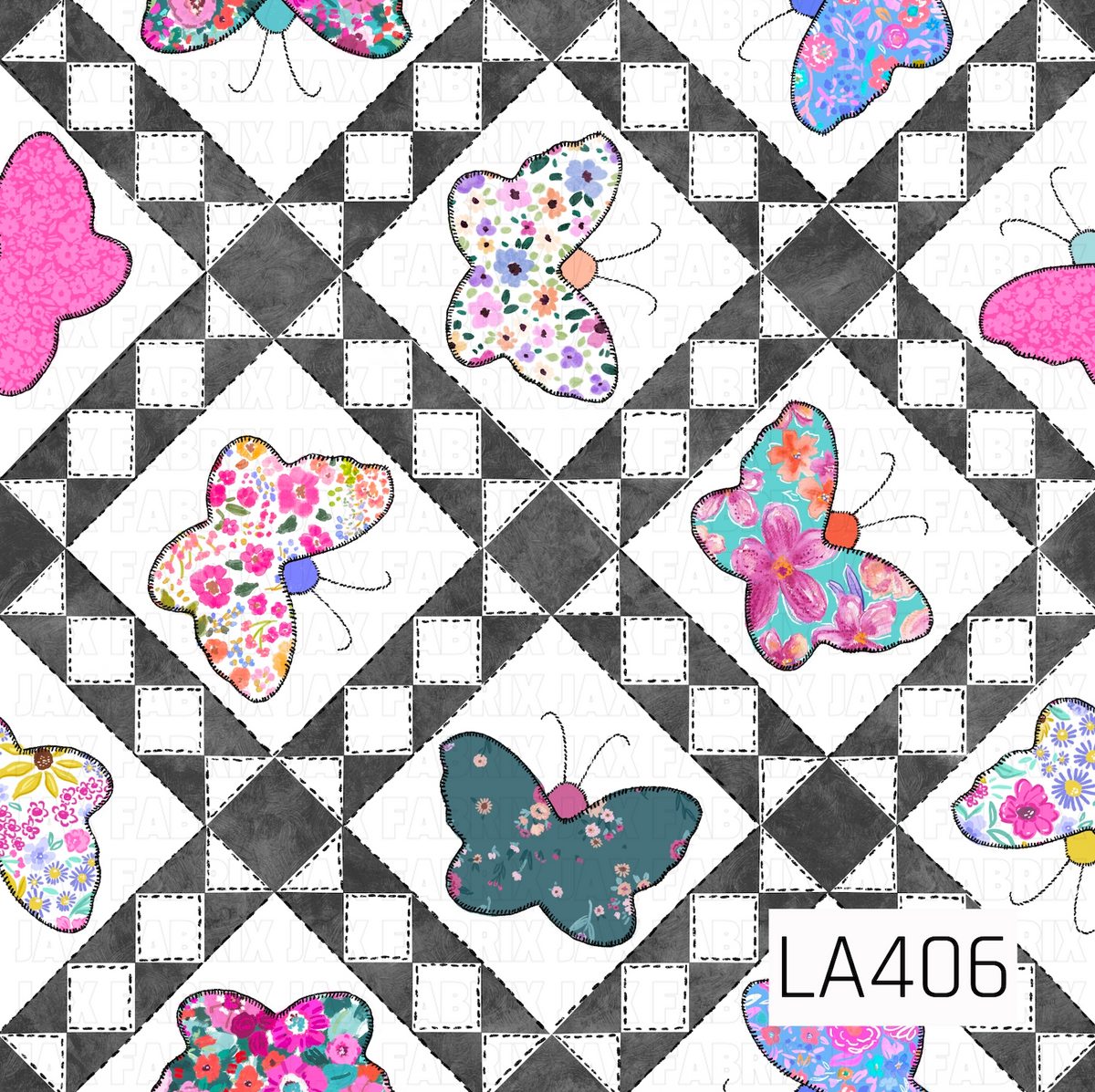 A charming quilt-inspired design featuring charcoal gray and white geometric patchwork blocks with black dashed stitching details. Whimsical butterflies filled with colorful floral patterns in shades of pink, purple, turquoise, coral, and yellow flutter throughout, creating a playful contrast against the classic black-and-white quilted background.