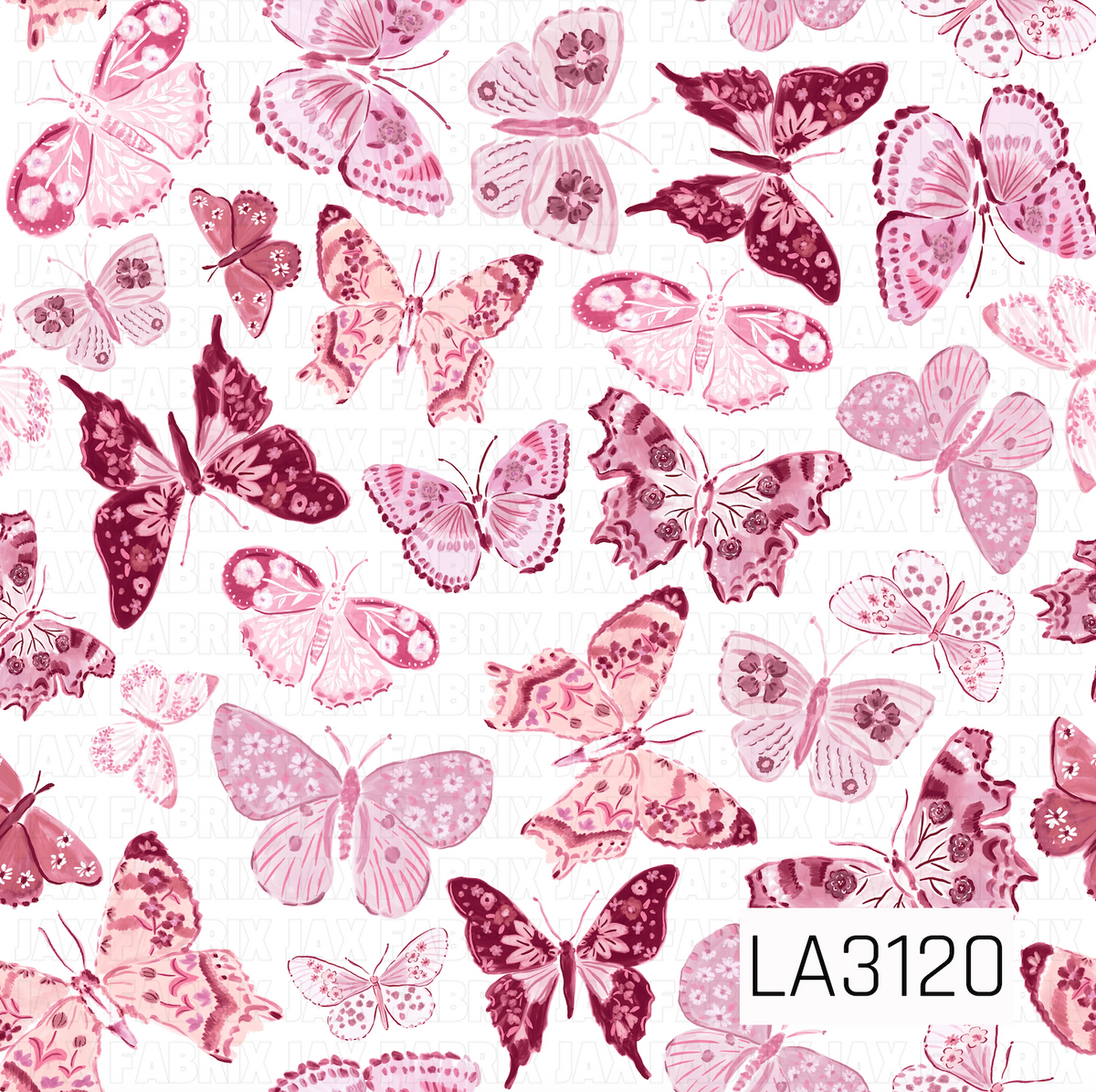 A whimsical butterfly pattern featuring an assortment of beautifully detailed butterflies in shades of blush pink, dusty rose, mauve, and deep burgundy against a crisp white background. Each butterfly showcases unique wing shapes adorned with delicate florals, intricate linework, scalloped edges, and dainty dotted accents. The watercolor-inspired textures and scattered arrangement create a soft, feminine, and romantic design with a playful vintage feel.