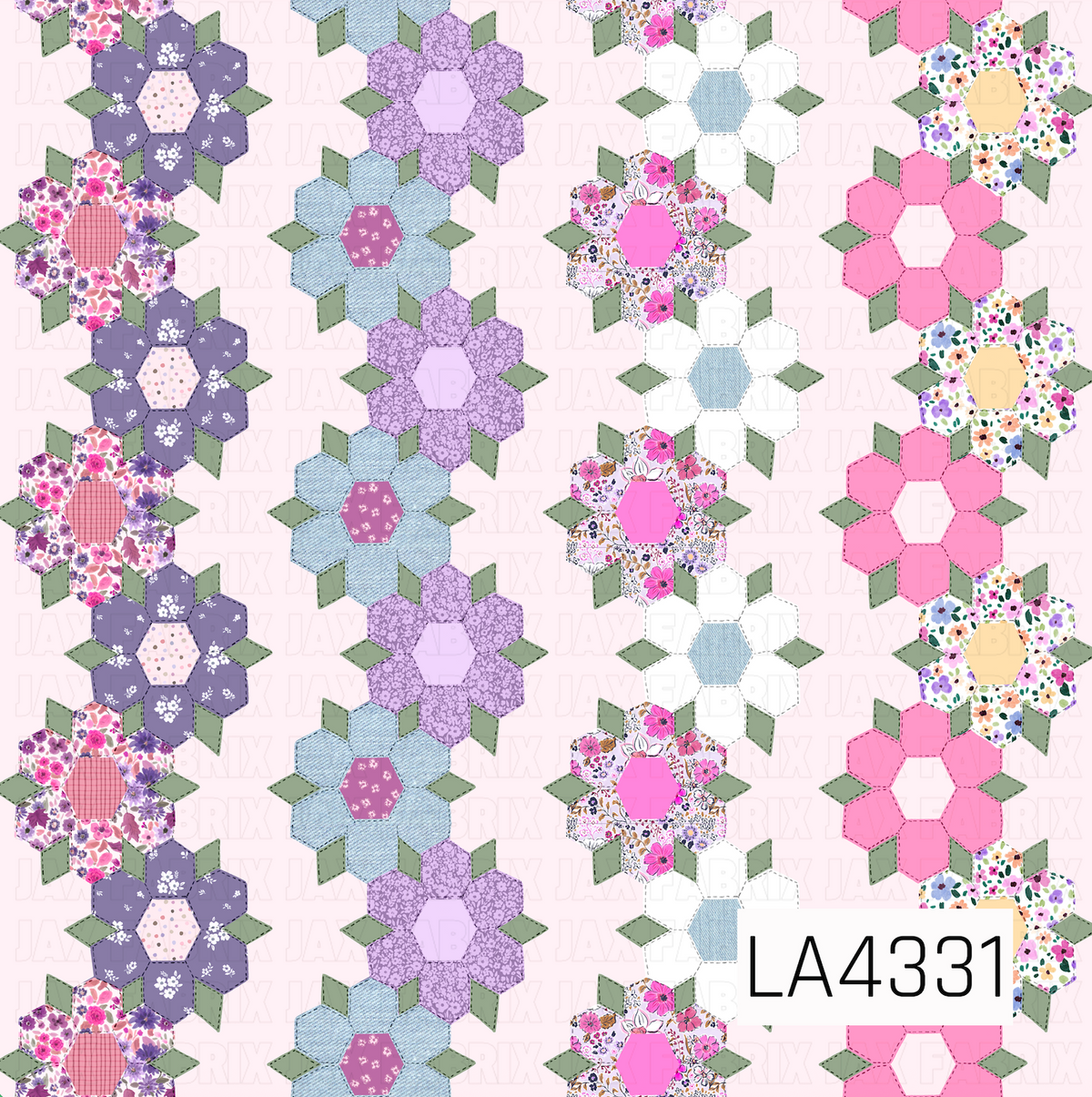 A charming patchwork-inspired floral pattern featuring vertical rows of hexagon-shaped flowers in a mix of colorful prints and textures. Each flower showcases a combination of dainty florals, tiny polka dots, gingham, denim textures, and solid pinks and purples, accented by sage green diamond-shaped leaves. Delicate stitched outlines give the flowers a handmade, quilted appearance, while the soft blush cream background adds a sweet, vintage-inspired feel.
